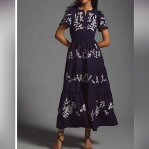 Anthropologie Navy Maxi Dress with White Floral Embroidery